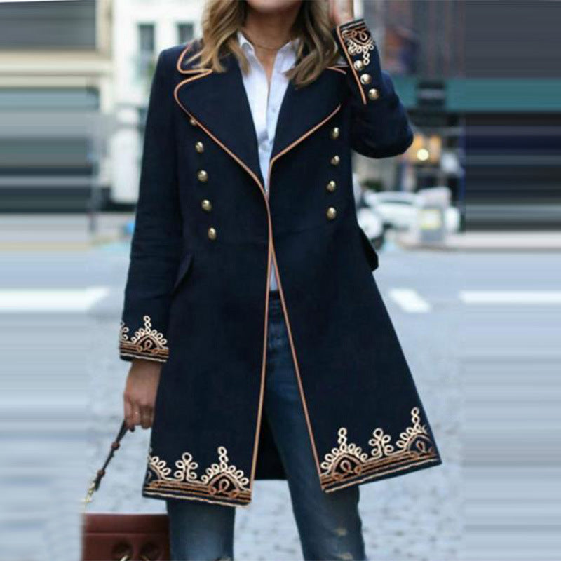 Women Trench Coat Autumn Elegant Mid-Length Printing Lapel Coat