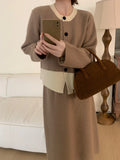 Women Knitted Cardigan Retro Short Knitted Cardigan Loose Color Matching round Neck Sweater Coat