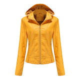 Red Leather Jacket Fall Winter Hooded Leather Women's Detachable Hat Long-Sleeve Zipper Fleece-Lined Wallet