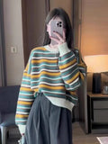 Women Knitted Pullover Stripes Autumn and Winter round Neck Loose Crop Top