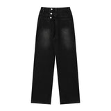 Women Pants Fastener Decoration Straight Jeans Women Loose Wide Leg Pants Retro Trousers