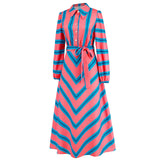 Women Date Dress Autumn and Winter Striped Printed Buttons Cinched Blouse Dress