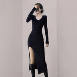 Women Maxi Dress Autumn and Winter V-neck Long Sleeve Slim Knit Dress