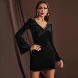 Women Dress Spring/Summer V-neck Long Sleeve Sexy Velvet Dress