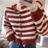 Women Knitwear Autumn Winter Retro Striped round Neck Sweaters Cardigan