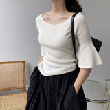 Women Knitted T-shirt Bell Sleeve Solid Color T-shirt Summer round Neck Top