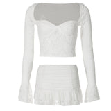 Women Co-Ord Set Lace Stitching Suit Bell Sleeve Short Skirt Two-Piece Set