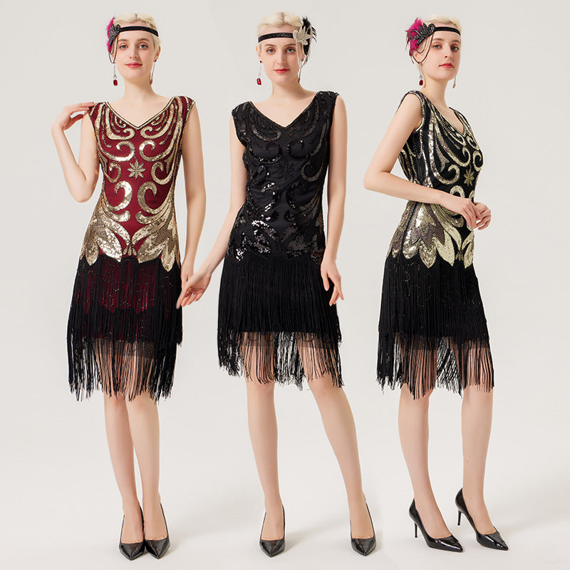 Flappers 1920S Dress Vintage Sequined Dress V-neck Tassel Hem Dress