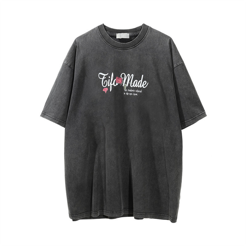 Men Vintage T-Shirt Rose Printed Short Sleeve T-shirt