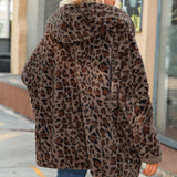 Women Trench Coat Autumn and Winter Hooded Long Sleeve Loose Pockets Mid-Length Cardigan Fluffy Leopard Coat