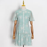 Women Dresses Summer Retro Short Sleeve Dress Stand Collar Single-Breasted Skirt (Qymy0409)