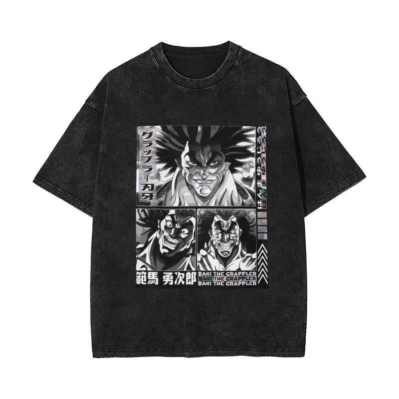 Washed retro cotton t-shirt Baki Hanma anime print washed old short-sleeved t-shirt