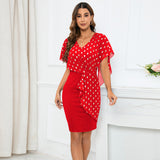 Women Date Dress Summer Polka Dot Printed Chiffon Dress V-neck Hip Skirt