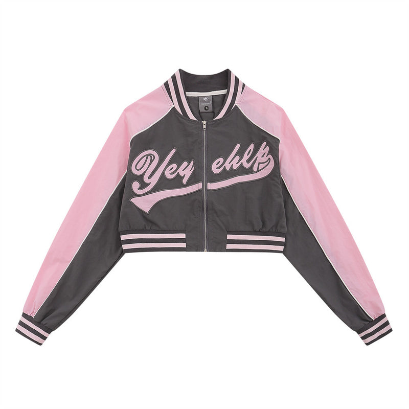 Women Jacket Letter Affixed Cloth Embroidered Short Baseball Uniform