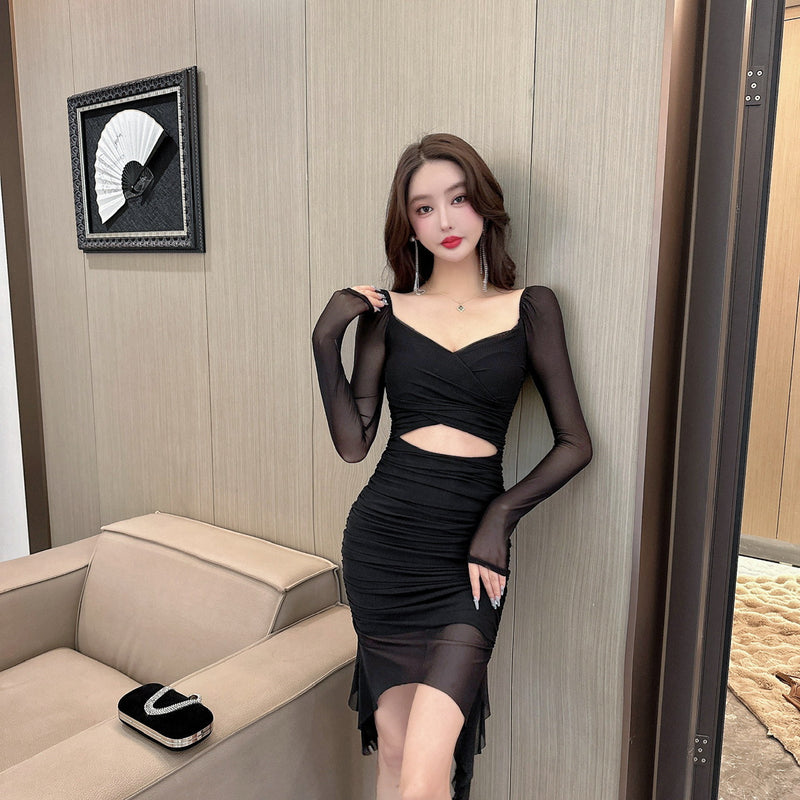 Women Maxi Dress Spring and Autumn Sexy High Elastic Mesh Long Sleeve Narrow Dress