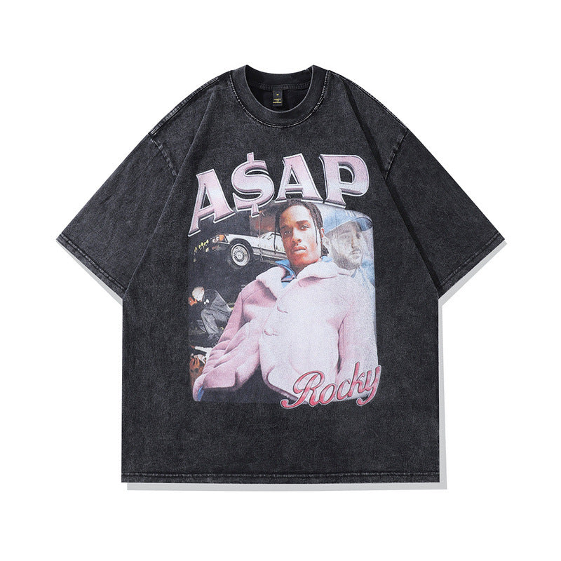 Men T Shirt Rap Portrait Printing Distressed Short Sleeve T-shirt