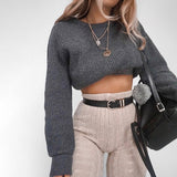 Women Knitted Sweater Long Sleeve round Neck Midriff-Baring Coat