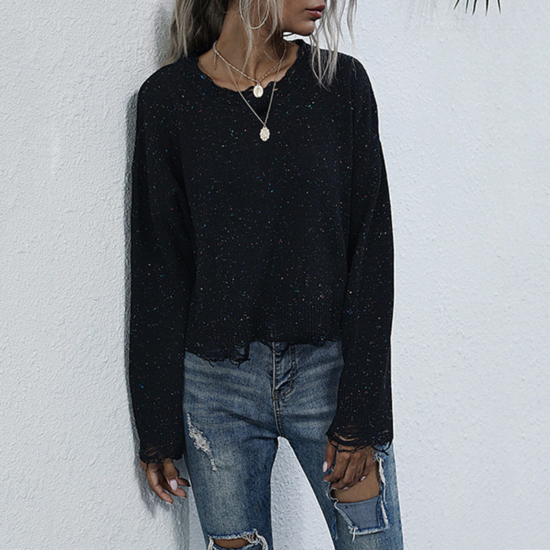 Women Knitted Sweater Autumn and Winter Leisure Ripped Long Sleeves Black Sweater