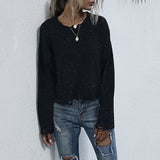 Women Knitted Sweater Autumn and Winter Leisure Ripped Long Sleeves Black Sweater