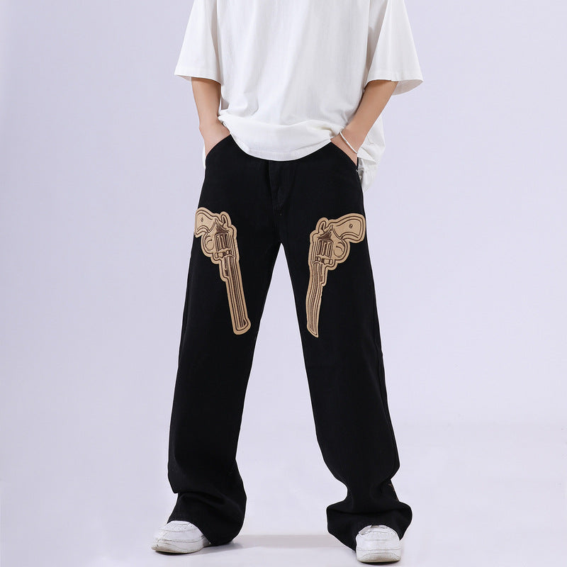 Men Jeans Pistol Patchwork Jeans Loose Retro Black Pants