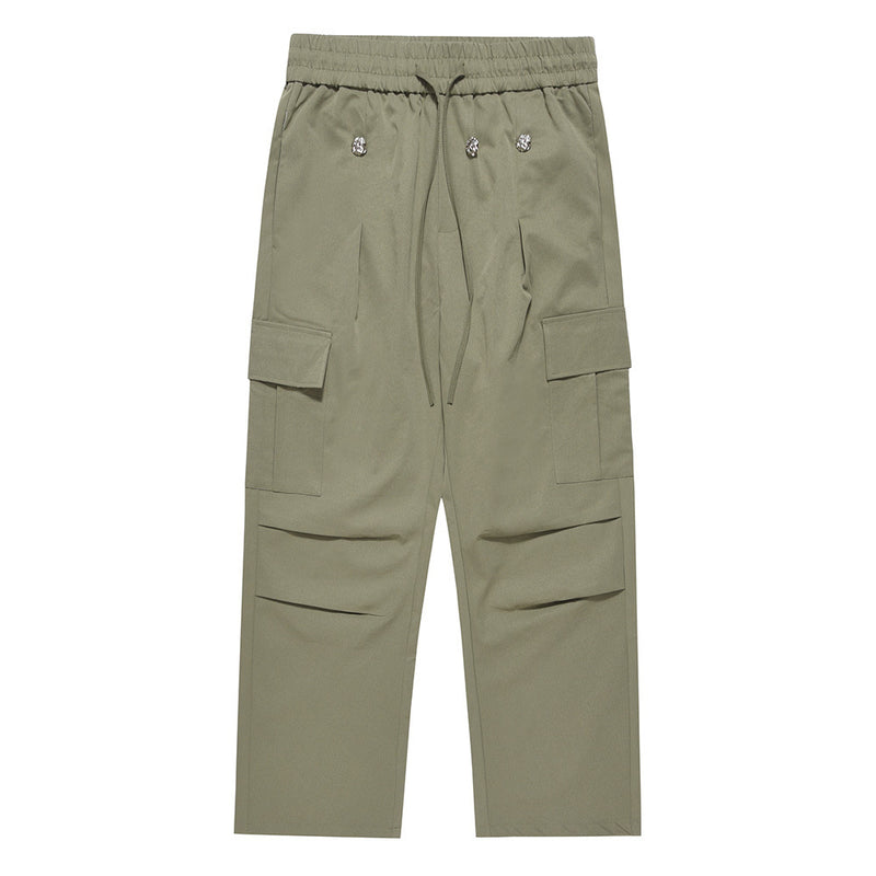 Men Sweatpants Multi-Pocket Cargo Pants Loose Pleated Casual Straight Trousers