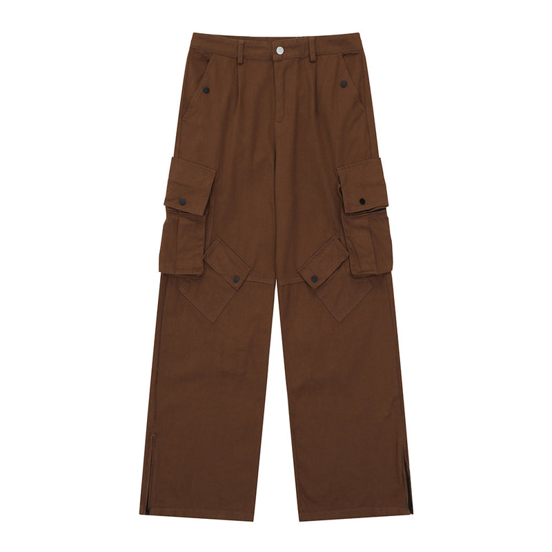 Men Sweatpants Multi-Pocket Cargo Pants Loose Casual Slit Straight Wide Leg Pants