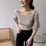 Women Knitted T-shirt Bell Sleeve Solid Color T-shirt Summer round Neck Top
