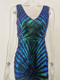 Women Evening Gown Sexy V-neck Vintage Party Sequins Dress
