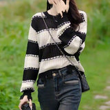 Women Knitted Pullover Loose Color Matching Striped Sweater Autumn Casual round Neck Long Sleeve Sweater