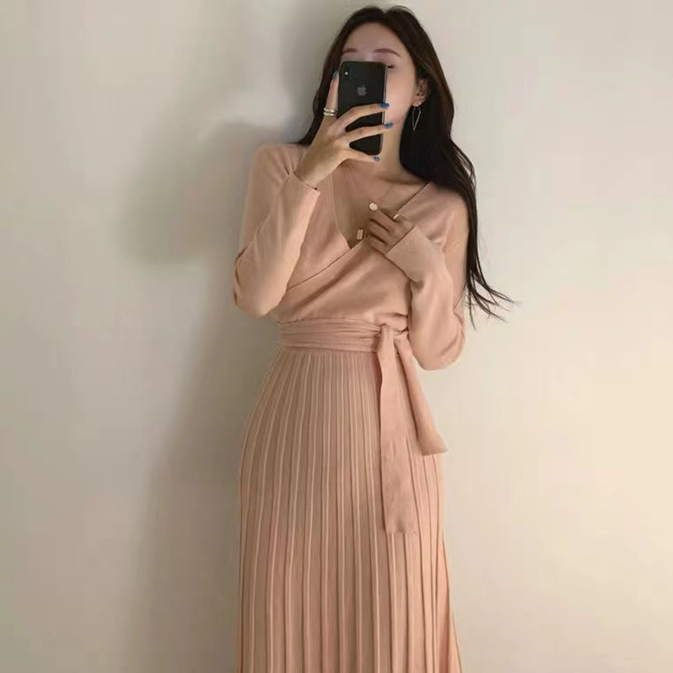 Women Maxi Dress Autumn and Winter V-neck Long Knitted Dress