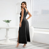Women Date Dress Sexy Sleeveless V-neck Slit Slim Fit Long Dress