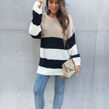 Women Knitted Sweater Fall Mid-Length Women's Striped round Neck Knitted Sweater