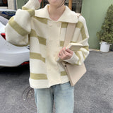 Women Knitwear Spring Polo Collar Stripes Sweater Loose Knitted Cardigan