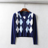 Women Sweater Knitwear Vintage Diamond Plaid Stitching V-neck Knitted Cardigan