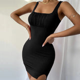 Women Dress Spring and Summer Sexy Slit Slim-Fitting Spaghetti Straps Knitted Dress Hip Skirt