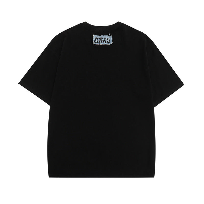 Men T Shirt Vintage Denim Stitching Embroidered Short Sleeve T-shirt