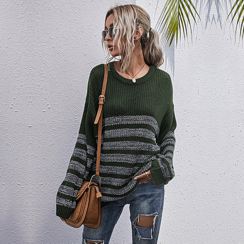 Women Knitted Sweater Autumn Loose Striped round Neck Mid-Length Long Sleeve Bottoming Sweater
