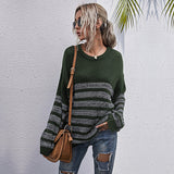 Women Knitted Sweater Autumn Loose Striped round Neck Mid-Length Long Sleeve Bottoming Sweater