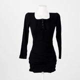 Women Dresses Threaded Long Sleeve Dress Pleated Hip Skirt Skirt
