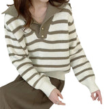 Women Knitwear Autumn and Winter Striped Lapel Knitwear Loose Sweater