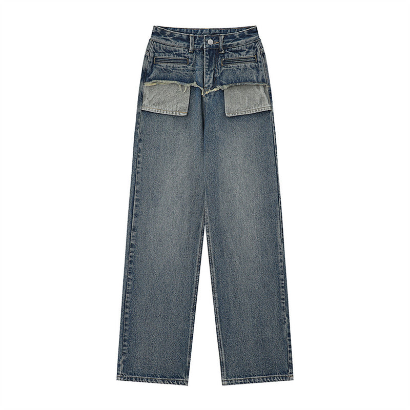Women Pants Pocket Straight Jeans Loose High Waist Wide Leg Pants Casual Washed Trousers