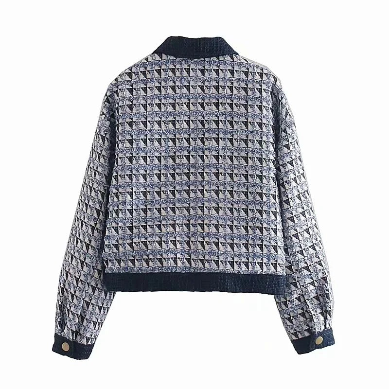 Women Jacket Autumn and Winter Loose Short Woolen Diamond Contrast Color Jacket