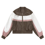 Women Jacket Color Contrast Patchwork Short PU Leather Jacket Stand Collar Biker's Leather Jacket