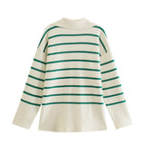 Women Sweater Knitwear Winter Lapel Long Sleeve Striped Sweater Loose Pullover