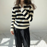 Women Winter Knitted Sweater Autumn and Winter Striped Sweater Lapel Sweater Casual Polo Collar 8t6723