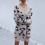 Women Knitted Sweater Autumn Knitted Long Sleeve V-neck Shabby Leopard Print Woolen Skirt