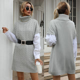 Women Knitted Sweater Autumn Knitted Long Vest High Collar Sweater Dress