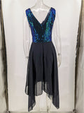 Women Evening Gown Sexy Retro Chiffon Stitching Green Sequins Dress