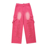 Women Pants Ripped Multi-Pocket Jeans Hip Hop Washed Straight Loose-Fitting Wide-Leg Trousers