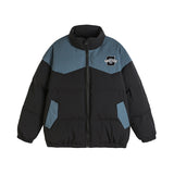 Unisex Winter Cotton Coat Retro Patchwork Contrast Color Stand-up Collar Letter Warm and Loose Cotton Jacket